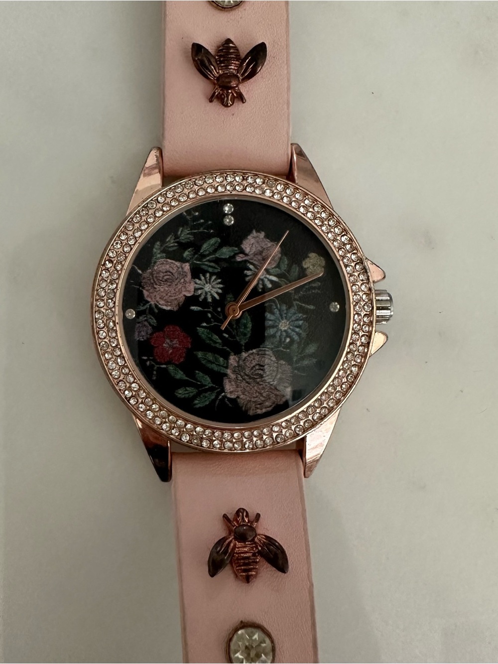 Women's Rocawear Rose Gold Crystal Floral Dial Pink Leather Strap Watch